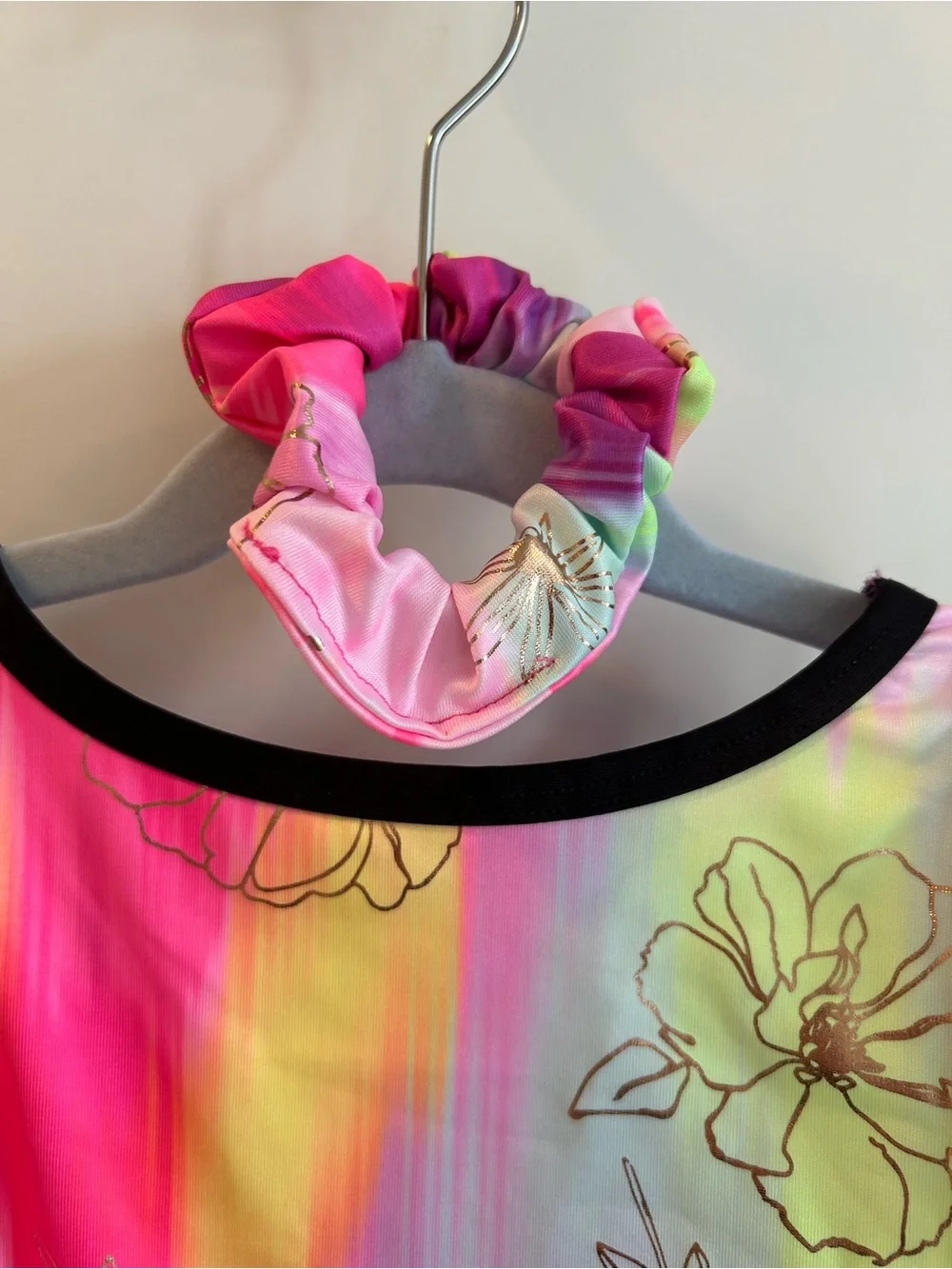 Justice Pink Multi Rainbow Floral Dance Leotard with Matching Scrunchie - XS